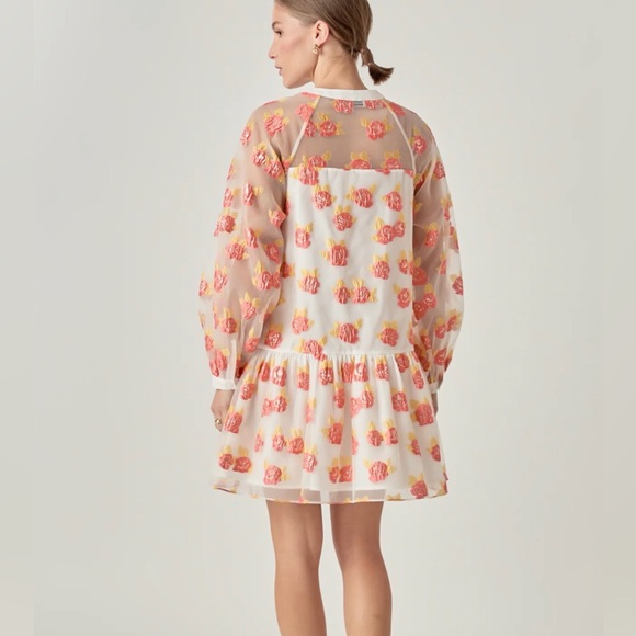 NEVER WORN English Factory Floral Jacquard Organza Long Sleeve Button Mini Dress - Picture 3 of 11